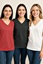 Women's 3 Pack Anthracite-White-Pink Oversize T-Shirt 100% Cotton V-Neck T-Shirt - 3