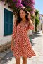 Women's Orange Patterned Double Breasted Collar Summer Mini Dress - Elastic Waist, Short Sleeve Casual Dress - 5