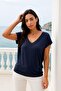 Women's Dark Navy Blue Viscose Front Back V-Neck T-Shirt Bat Sleeve Relaxed Blouse - 3
