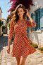 Women's Orange Patterned Double Breasted Collar Summer Mini Dress - Elastic Waist, Short Sleeve Casual Dress - 2