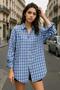 Women's Blue White Oversize Plaid Shirt over Fit Relaxed Shirt - 4