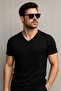 Men's V-Neck 100% Cotton Short Sleeve Black T-Shirt T-Shirt - 2