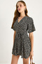 Women's Black Daisy Patterned V-Neck Belted Shorts Mini Dress 60261569 - 5