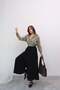 Wide Cut Flared Double Crepe Trouser Skirt with Elastic Waist - Black - 3