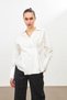 Ecru 100% Cotton Long Sleeve Wide Cut Shirt with Waist Detail and Asymmetrical Closure - 3