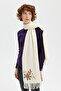 Women's Daisy Embroidered Tasseled Wool Kaşkol Kemik - 6