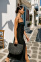 Black Hand Knitted Straw Bag 22X47 cm Cnt1052