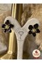 Women's Gold Color Black Flower Model Earrings – Classic and Elegant Design - 4