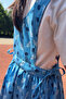 Girl's Cotton Thin Gabardine Long Length Blue Leaf Patterned Hijab Salopet Dress - 2