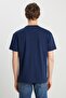 100% Cotton Relaxed Fit Wide Cut Crew Neck Minimal Logo Navy Blue T-Shirt - 2