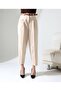Women's Cream Belted Carrot Cut Fabric Trousers