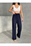 Women's Dark Navy Blue Elastic Waist Palazzo Trousers - 4