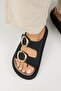 Narducci Women's Genuine Leather Double Buckle Black Slippers