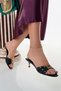 Women's Black Patent Leather Gold Buckle Thin Heeled Slippers - 3