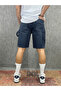Washed Woven Navy Blue Shorts with Zipper Closure Pocket Detail - 3