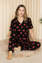 Women's Black Red Heart Pattern Short Sleeve Button down Casual Pajamas Set - 3