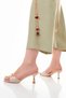 Women's Beige Patent Leather Chain Detailed Stylish Thin Heeled Slippers - 3