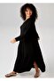 Women's Plus Size Black, Soft Jersey Fabric, Front Pleat Long Sleeve Maxi Dress 65N39013 - 3