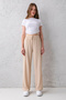 Women's Beige High Waist Elastic Waist Lace up Stretchy Wide Leg Palazzo Wrinkle Women's Trousers - 3
