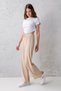 Women's Beige High Waist Elastic Waist Lace up Stretchy Wide Leg Palazzo Wrinkle Women's Trousers - 5