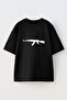 Unisex Black Oversize Cotton Ak47 Printed Knitted T-Shirt