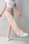 Women's Beige High Waist Elastic Waist Lace up Stretchy Wide Leg Palazzo Wrinkle Women's Trousers