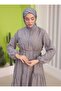 Belly Tie Linen Dress - Gray - Sahra Butik - 3