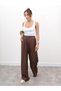 Women's Elastic Waist Pleated Detail Brown Linen Palazzo Trousers