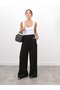Women's Elastic Waist Pleated Detail Black Linen Palazzo Trousers