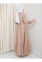 Women's Waist Belted Button Detailed Strawberry Fabric Beige Dress - 6