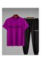Men's Purple Milano Printed T-Shirt Black Tracksuit Bottom Top Set - 4