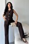 Women's Double Bottom Top Set Stylish Button Detailed Crew Neck Regular Vest Pants Set - 4