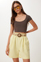 Straw Belted Linen Shorts Hbv0006 Yellow - 3