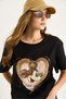 Women's Black Mickey Mouse Printed Beaded Embroidered Oversize Cotton T-Shirt 1633 60283284