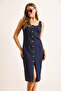 Women's Navy Blue Strap Snap Fastener Lycra Midi Denim Dress Elb-19002490 - 2