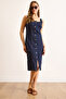 Women's Navy Blue Strap Snap Fastener Lycra Midi Denim Dress Elb-19002490