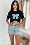 Women's Black Ribbon Pattern Beads and Sequins Embroidered Denim Detailed 100% Cotton T-Shirt - 6