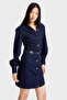 Women's Indigo Color 7W5-50 Front Button Belt Detailed 86cm Design Denim Dress