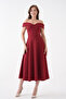 Burgundy Stretchy Scuba Fabric Strapless Neckline Flared Cut Midi Dress 77128