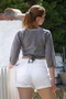 Organic Cotton Gray Double Breasted Collar 3/4 Sleeve Tie Washed Casual Crop Woven Blouse 40 60 - 2