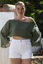 Organic Cotton Khaki Boat Neck Flounced Sleeve Washed Dirty Stitched Casual Muslin Crop Woven Blouse 38 80 - 6