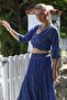 Organic Cotton Navy Blue Double Breasted Collar 3/4 Sleeve Tie Washable Casual Crop Woven Blouse 40 60 - 7