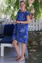 Italian Cobalt Blue Boat Neck Low Sleeve Shawl Pattern Casual Linen Woven Dress with Hidden Pocket 100 65 - 6