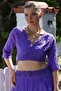 Organic Cotton Purple Double Breasted Collar 3/4 Sleeve Tie Washable Casual Crop Woven Blouse 40 60 - 4