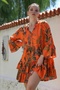 Orange Judge Collar Flounced Sleeve Button Skirt Ruffled Allover Printed Casual Woven Dress 90 64