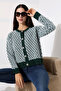 Round Neck Long Sleeve Buttoned Diamond Jacquard Patterned Furry Soft Textured Knitwear Cardigan - 7