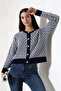 Round Neck Long Sleeve Buttoned Diamond Jacquard Patterned Furry Soft Textured Knitwear Cardigan - 5