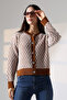 Round Neck Long Sleeve Buttoned Diamond Jacquard Patterned Furry Soft Textured Knitwear Cardigan