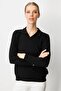 Women's Polo Neck Embroidery Embroidered Ligral Blouse Black - 2