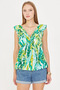 Women's Green V-Neck Collar Ruffled Waist Elasticated Blouse Arm-25Y001076 - 2